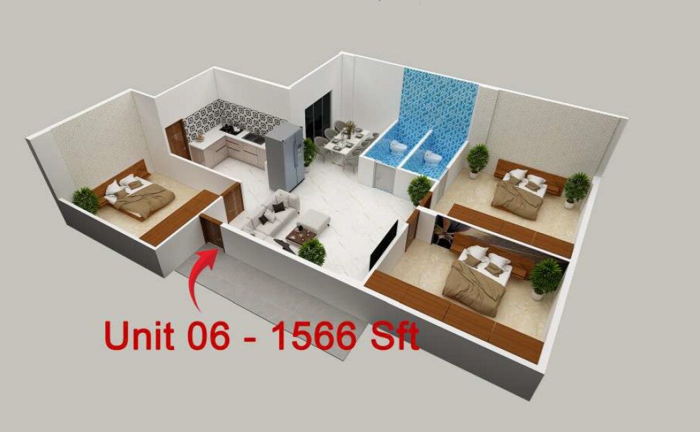 Floor plan of 3 BHK 1566 Sq. Ft. Apartment in Vasuki Vallabha, Bangalore
