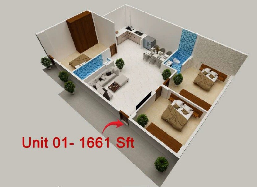 Floor plan of 3 BHK 1661 Sq. Ft. Apartment in Vasuki Vallabha, Bangalore