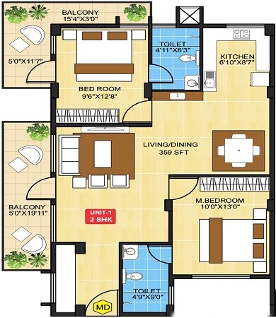 Floor plan of 2 BHK 1028 Sq. Ft. Apartment in Vasumathi Fortune, Bangalore