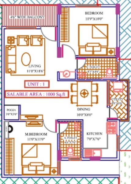 Floor plan of 2 BHK 1000 Sq. Ft. Apartment in Vasundra Cyber Nest, Bangalore