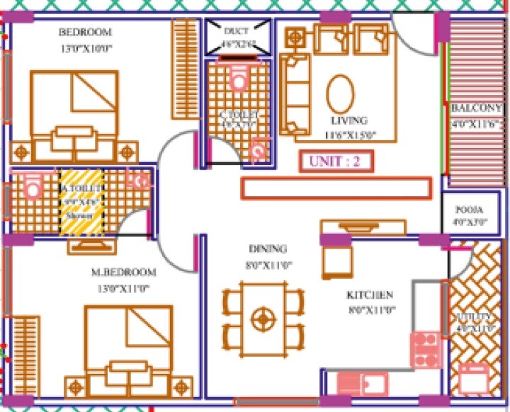 Floor plan of 2 BHK 1140 Sq. Ft. Apartment in Vasundra Cyber Nest, Bangalore
