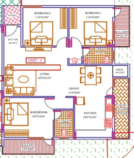 Floor plan of 3 BHK 1375 Sq. Ft. Apartment in Vasundra Cyber Nest, Bangalore