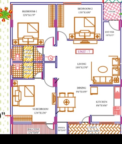 Floor plan of 3 BHK 1525 Sq. Ft. Apartment in Vasundra Cyber Nest, Bangalore