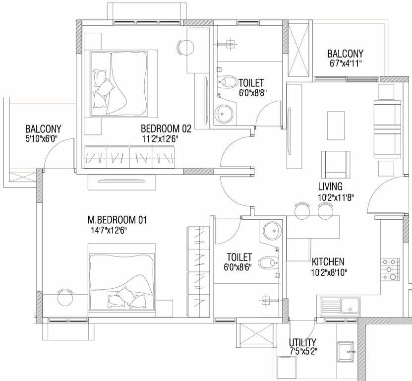 Floor plan of 2 BHK 1025 Sq. Ft. Apartment in Vaswani Brentwood, Bangalore