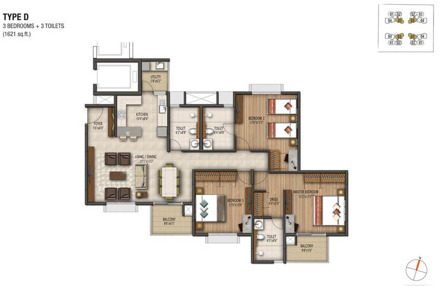 Floor plan of 3 BHK 1621 Sq. Ft. Apartment in Vaswani Brentwood, Bangalore