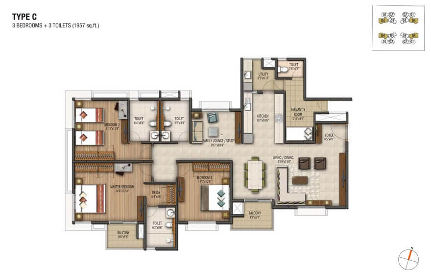 Floor plan of 3 BHK 1957 Sq. Ft. Apartment in Vaswani Brentwood, Bangalore
