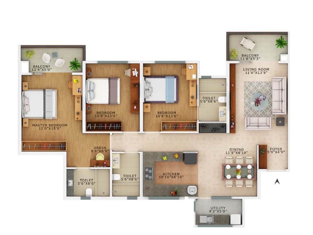 Floor plan of 3 BHK 1830 Sq. Ft. Apartment in Vaswani Exquisite, Bangalore