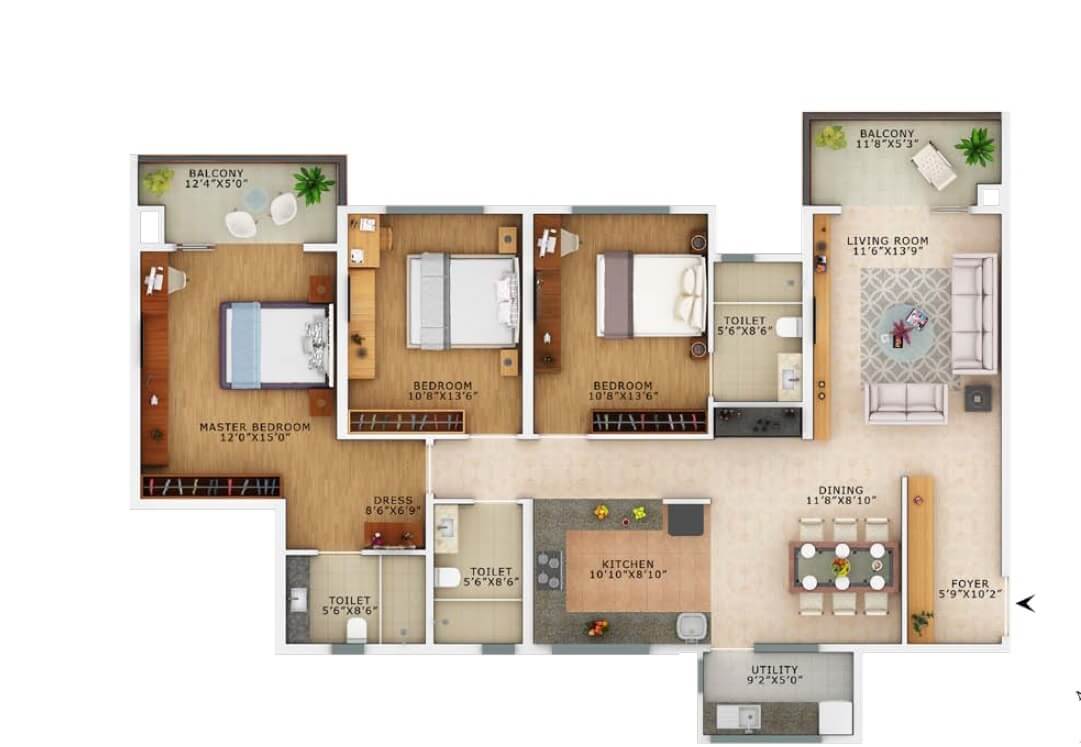 Floor plan of 3 BHK 1890 Sq. Ft. Apartment in Vaswani Exquisite, Bangalore