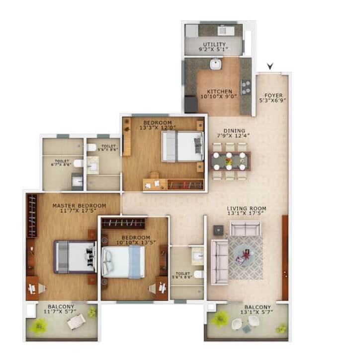 Floor plan of 3 BHK 1950 Sq. Ft. Apartment in Vaswani Exquisite, Bangalore