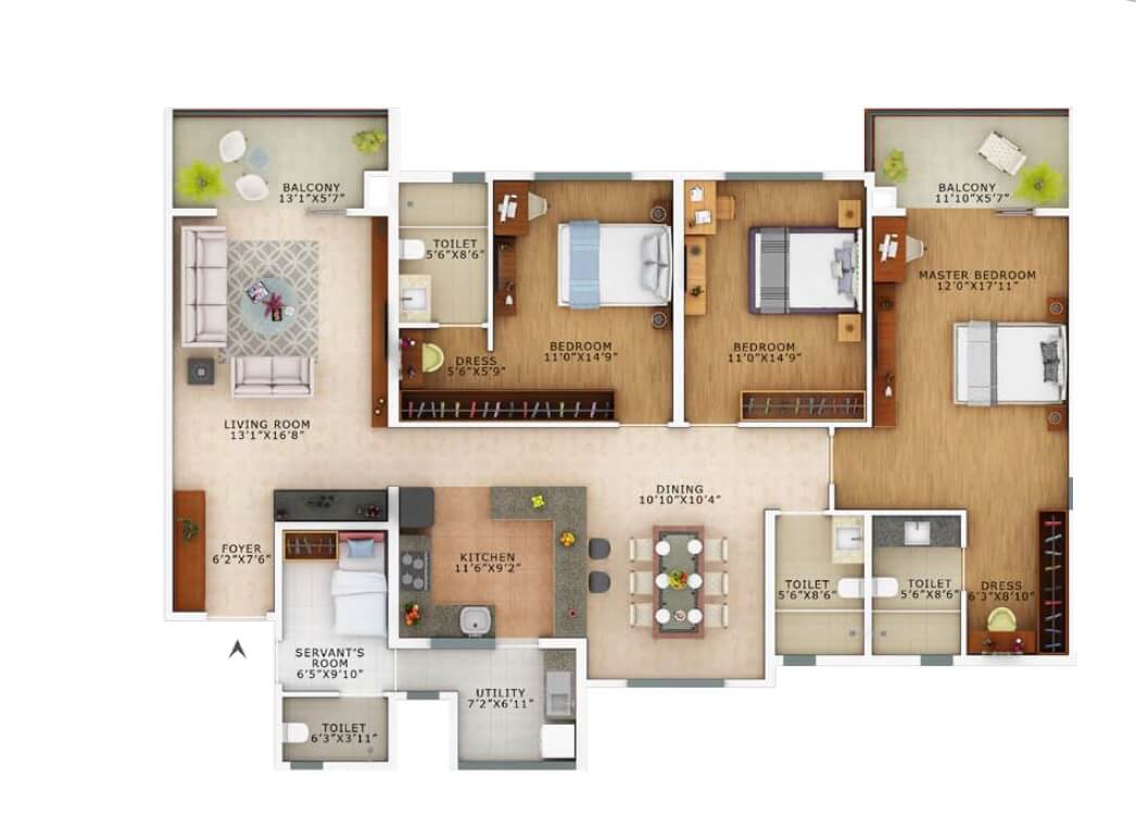 Floor plan of 3 BHK 2280 Sq. Ft. Apartment in Vaswani Exquisite, Bangalore