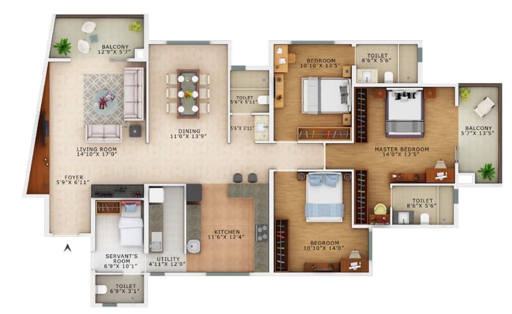 Floor plan of 3 BHK 2310 Sq. Ft. Apartment in Vaswani Exquisite, Bangalore