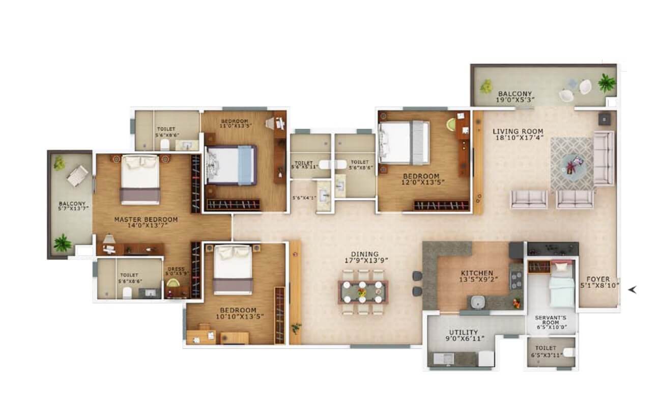 Floor plan of 4 BHK 2850 Sq. Ft. Apartment in Vaswani Exquisite, Bangalore