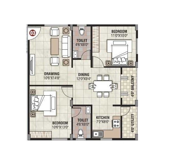 Floor plan of 2 BHK 1003 Sq. Ft. Apartment in VBC Oracle Oak, Bangalore