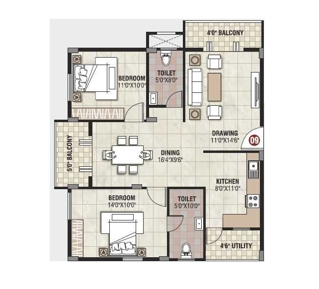 Floor plan of 2 BHK 1201 Sq. Ft. Apartment in VBC Oracle Oak, Bangalore