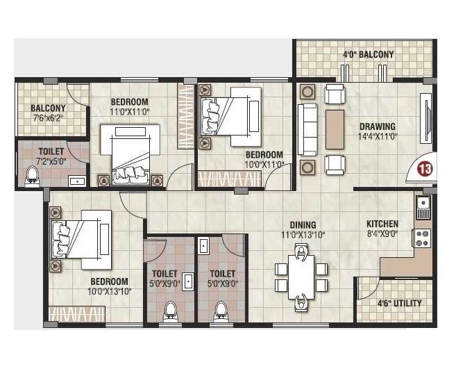 Floor plan of 3 BHK 1315 Sq. Ft. Apartment in VBC Oracle Oak, Bangalore