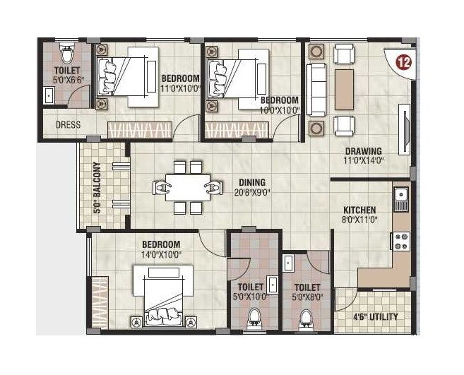 Floor plan of 3 BHK 1428 Sq. Ft. Apartment in VBC Oracle Oak, Bangalore