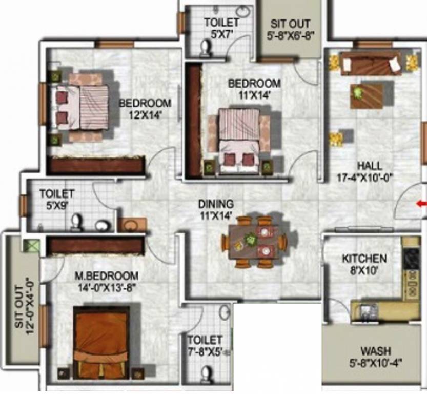 3 BHK 1700 Sq. Ft. Apartment