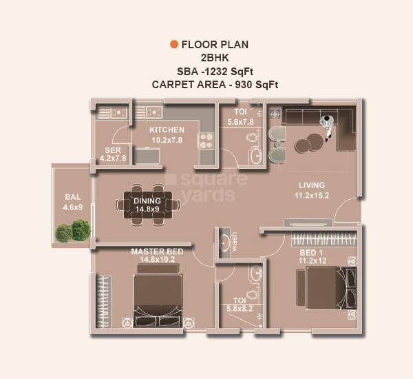 Floor plan of 2 BHK 1232 Sq. Ft. Apartment in VBC Oracle Sunrise, Bangalore