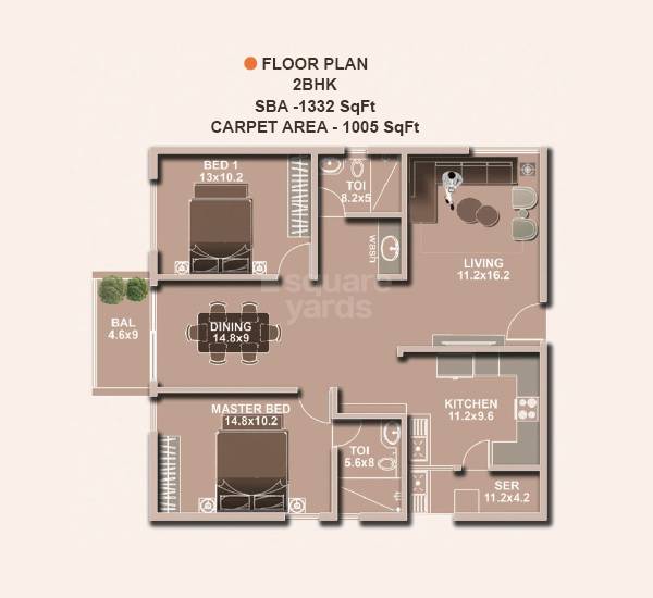 Floor plan of 2 BHK 1332 Sq. Ft. Apartment in VBC Oracle Sunrise, Bangalore