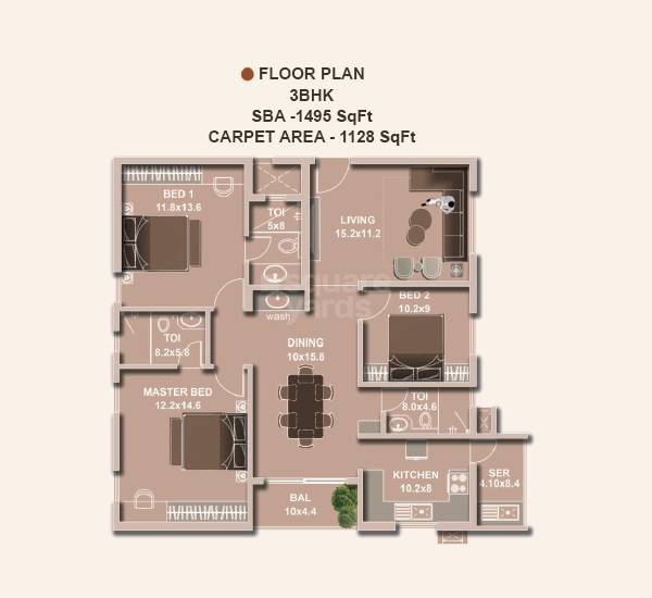 Floor plan of 3 BHK 1495 Sq. Ft. Apartment in VBC Oracle Sunrise, Bangalore