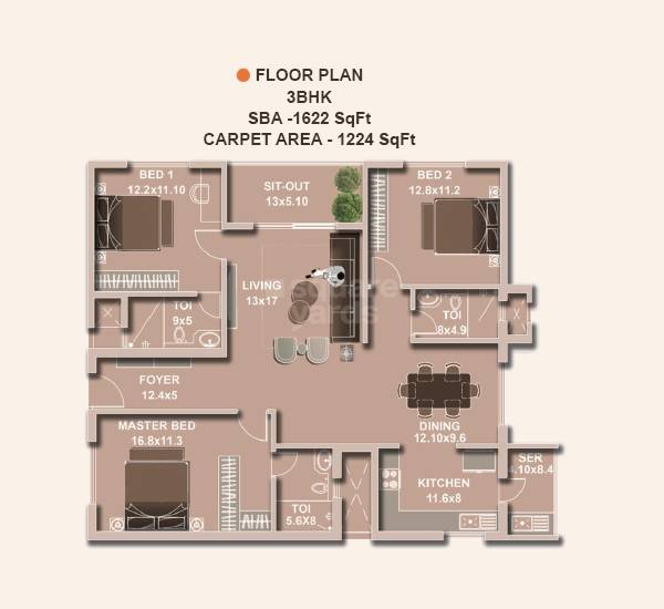 Floor plan of 3 BHK 1622 Sq. Ft. Apartment in VBC Oracle Sunrise, Bangalore