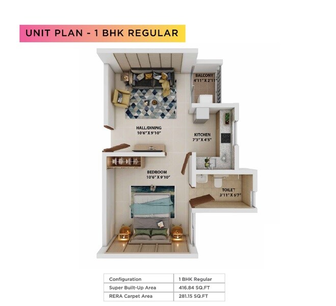 Floor plan of 1 BHK 416 Sq. Ft. Apartment in VBHC Haven of Joy, Bangalore