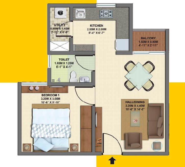 Floor plan of 1 BHK 540 Sq. Ft. Apartment in VBHC Palm Haven, Bangalore