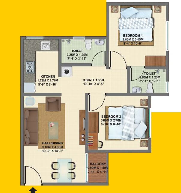 Floor plan of 2 BHK 726 Sq. Ft. Apartment in VBHC Palm Haven, Bangalore