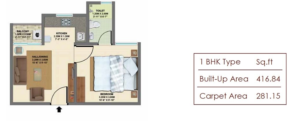 Floor plan of 1 BHK 416 Sq. Ft. Apartment in VBHC Palmhaven II, Bangalore