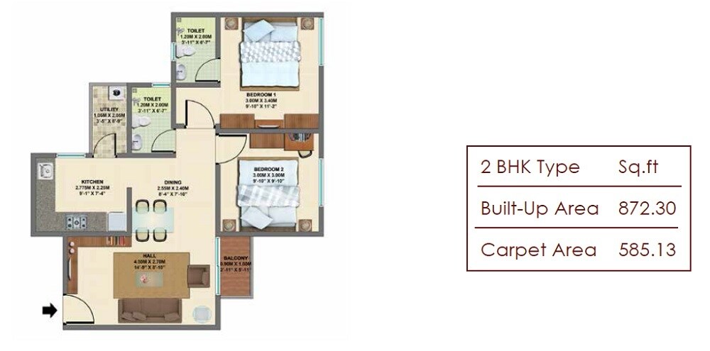 Floor plan of 2 BHK 872 Sq. Ft. Apartment in VBHC Palmhaven II, Bangalore
