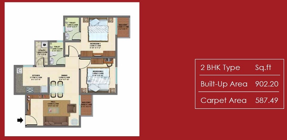 Floor plan of 2 BHK 902 Sq. Ft. Apartment in VBHC Palmhaven II, Bangalore
