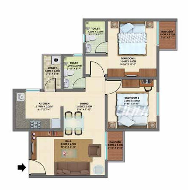 Floor plan of 2 BHK 902 Sq. Ft. Apartment in VBHC Palmhaven II Block A, Bangalore
