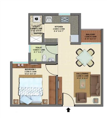 Floor plan of 1 BHK 417 Sq. Ft. Apartment in VBHC Palmhaven II Block A, Bangalore