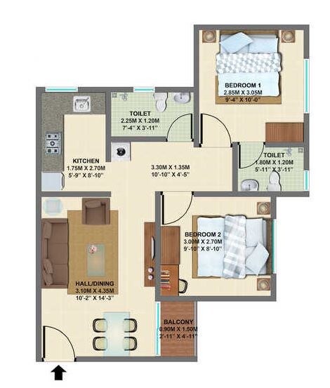 Floor plan of 2 BHK 540 Sq. Ft. Apartment in VBHC Palmhaven II Block A, Bangalore