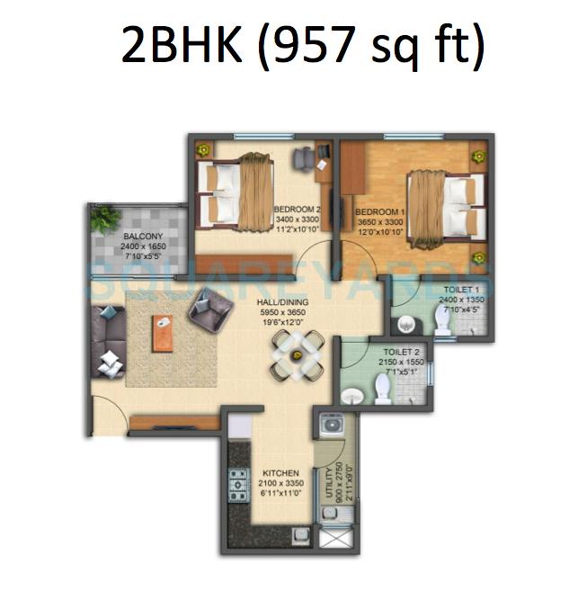 Floor plan of 2 BHK 957 Sq. Ft. Apartment in VBHC Serene Town, Bangalore