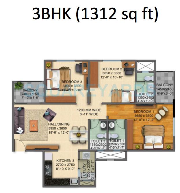 Floor plan of 3 BHK 1312 Sq. Ft. Apartment in VBHC Serene Town, Bangalore