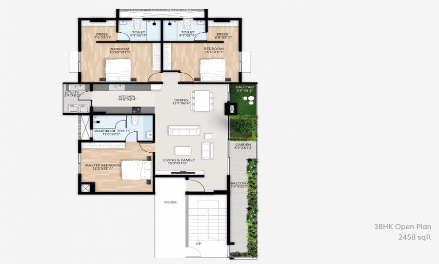 Floor plan of 3 BHK 2458 Sq. Ft. Apartment in VDB Olde Town By LW, Bangalore