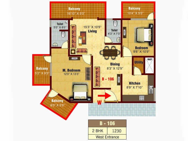 Floor plan of 2 BHK 1230 Sq. Ft. Apartment in Velpula Pride, Bangalore
