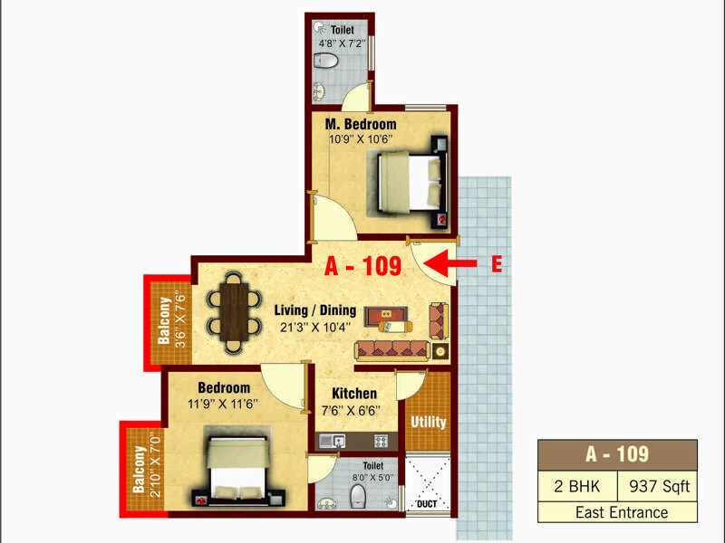 Floor plan of 2 BHK 937 Sq. Ft. Apartment in Velpula Pride, Bangalore
