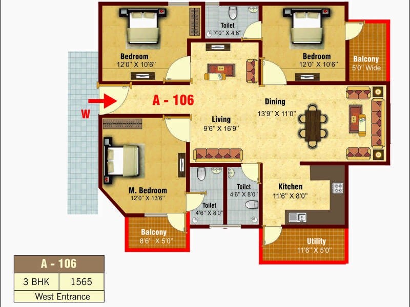 Floor plan of 3 BHK 1565 Sq. Ft. Apartment in Velpula Pride, Bangalore