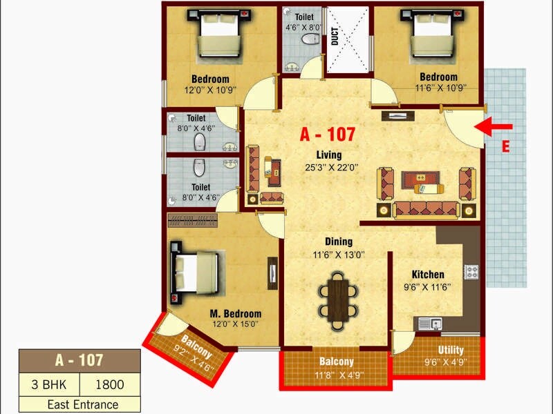 Floor plan of 3 BHK 1800 Sq. Ft. Apartment in Velpula Pride, Bangalore