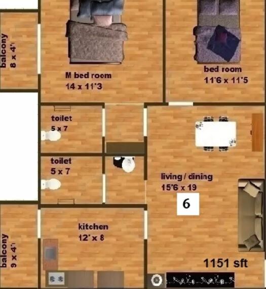 Floor plan of 2 BHK 1150 Sq. Ft. Apartment in Venkata Sai Land Ridge, Bangalore