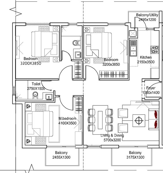 Floor plan of 3 BHK 1300 Sq. Ft. Apartment in Venkataramana Venkatadri Hills, Bangalore