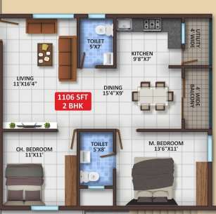 2 BHK 1106 Sq. Ft. Apartment in VG Boat Club