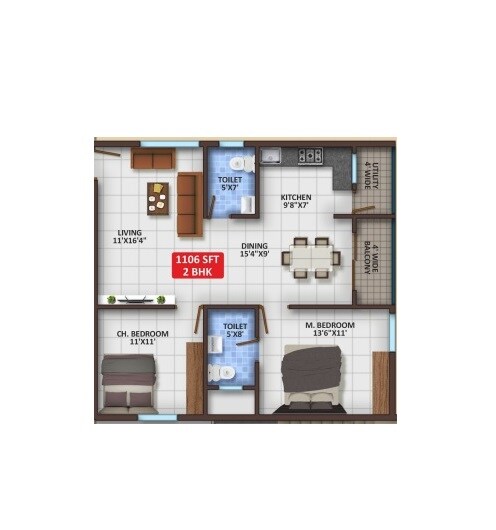Floor plan of 2 BHK 1106 Sq. Ft. Apartment in VG Boat Club, Bangalore