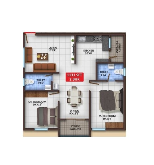 Floor plan of 2 BHK 1131 Sq. Ft. Apartment in VG Boat Club, Bangalore