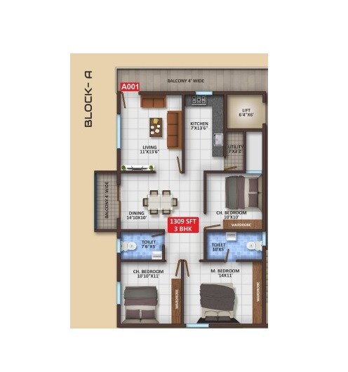 Floor plan of 3 BHK 1309 Sq. Ft. Apartment in VG Boat Club, Bangalore