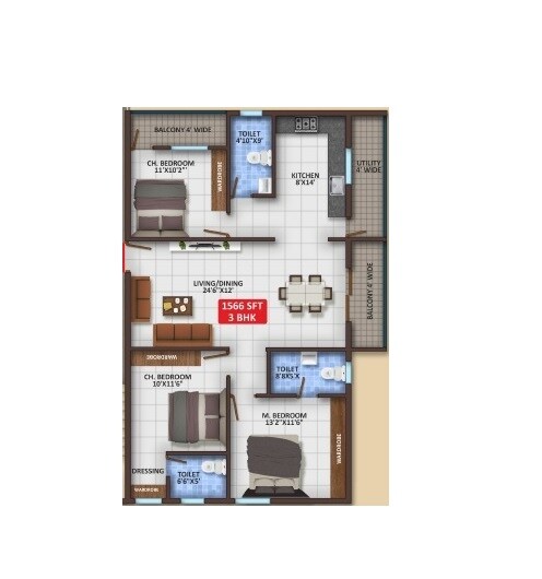 Floor plan of 3 BHK 1566 Sq. Ft. Apartment in VG Boat Club, Bangalore