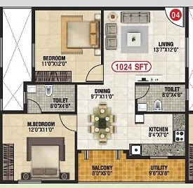 Floor plan of 2 BHK 1024 Sq. Ft. Apartment in VGR Greens, Bangalore
