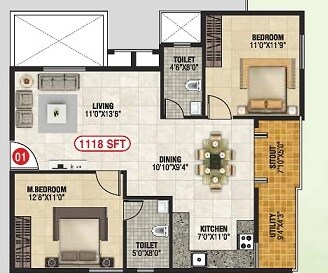 Floor plan of 2 BHK 1118 Sq. Ft. Apartment in VGR Greens, Bangalore